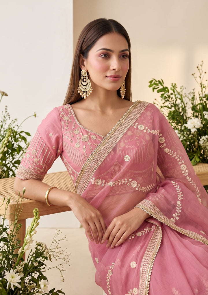 Pink Georgette Threadwork Saree With Matching Blouse Piece