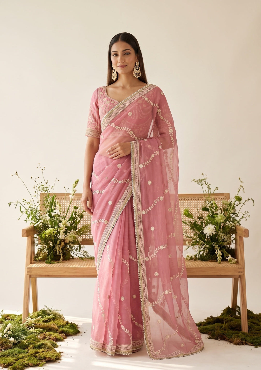 Pink Georgette Threadwork Saree With Matching Blouse Piece