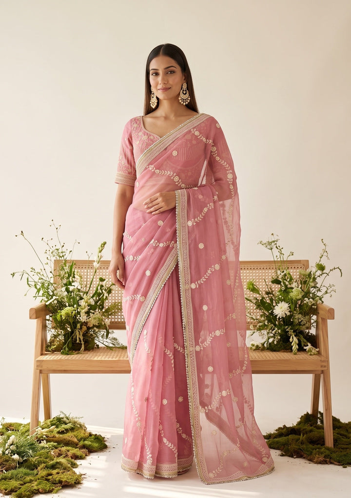Pink Georgette Threadwork Saree With Matching Blouse Piece
