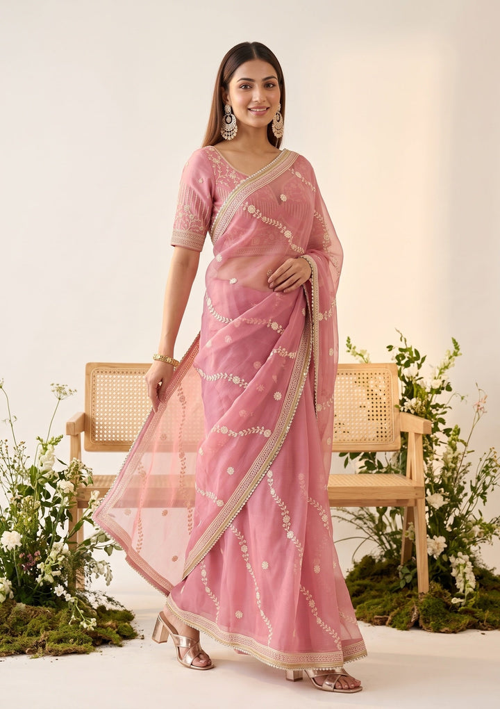 Pink Georgette Threadwork Saree With Matching Blouse Piece