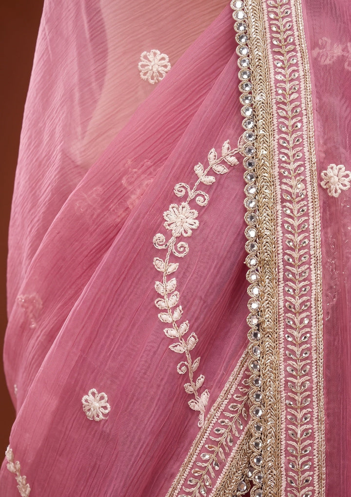 Pink Georgette Threadwork Saree With Matching Blouse Piece
