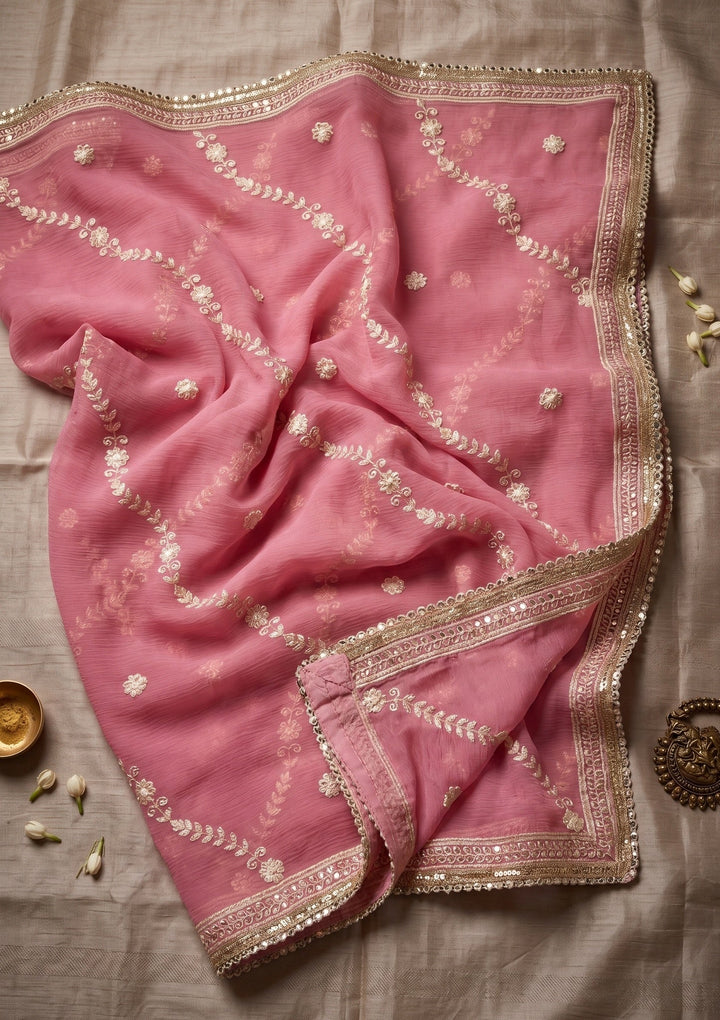 Pink Georgette Threadwork Saree With Matching Blouse Piece