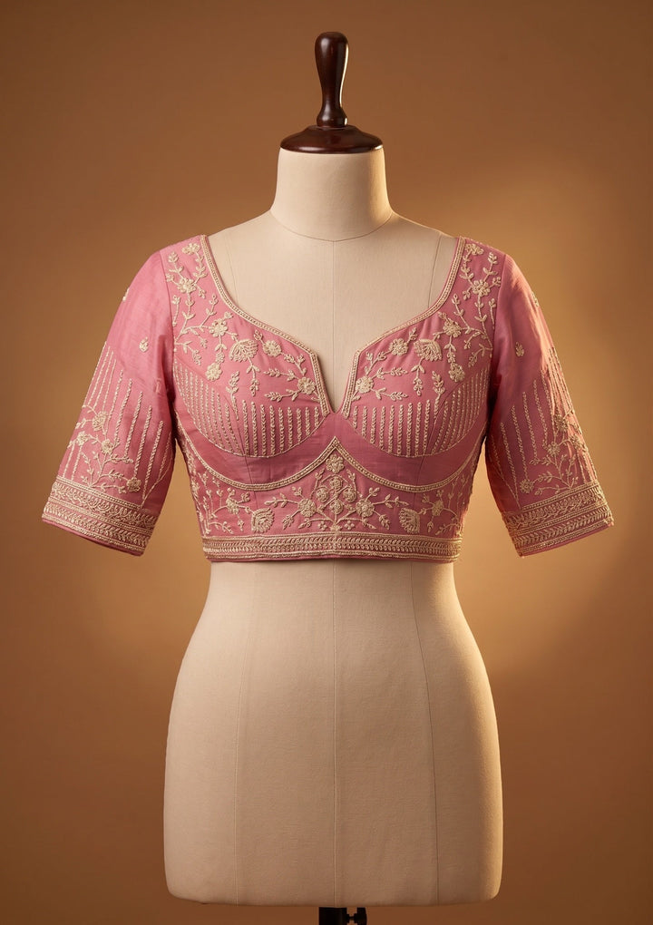 Pink Georgette Threadwork Saree With Matching Blouse Piece
