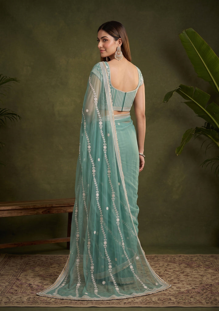Sea Green Threadwork Georgette Saree With Matching Blouse Piece