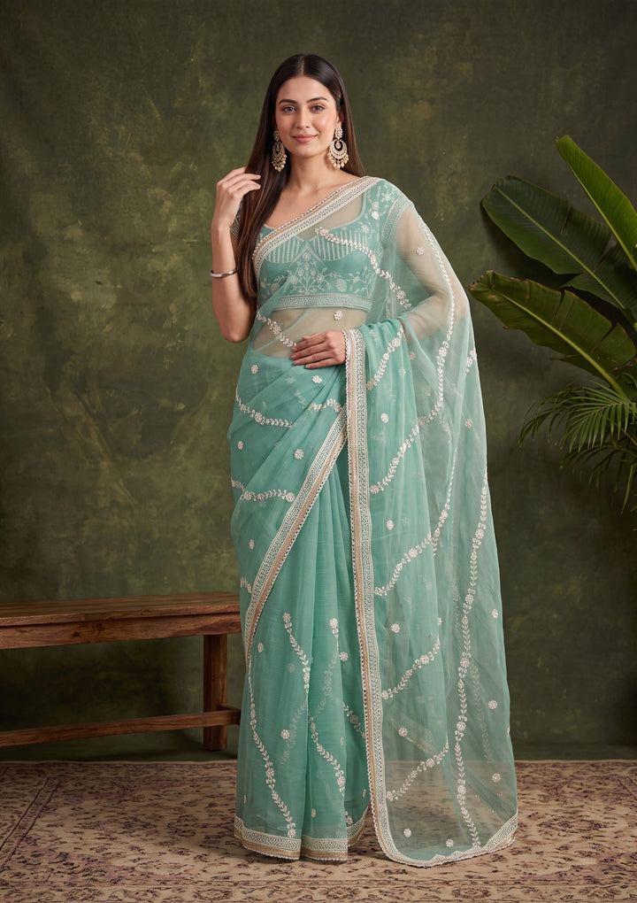 Sea Green Threadwork Georgette Saree With Matching Blouse Piece