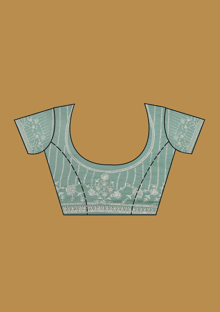 Sea Green Threadwork Georgette Saree With Matching Blouse Piece