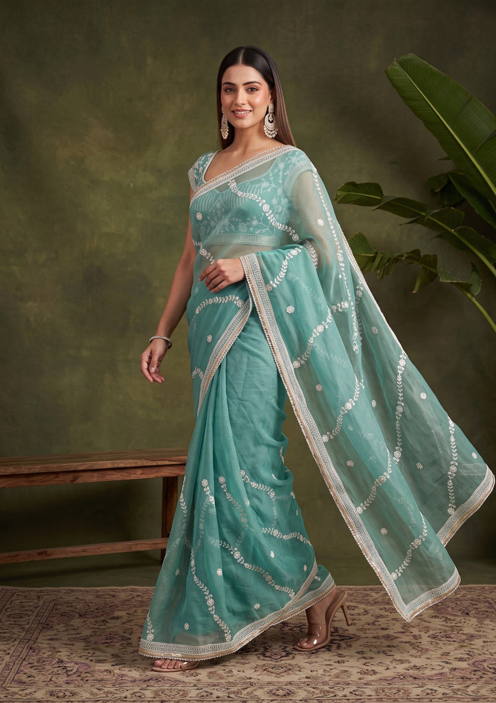Sea Green Threadwork Georgette Saree With Matching Blouse Piece