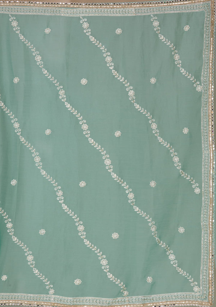 Sea Green Threadwork Georgette Saree With Matching Blouse Piece