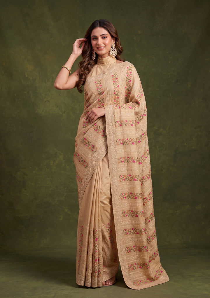 Beige Cotton Threadwork Saree With Matching Blouse Piece