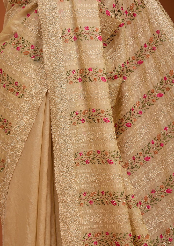 Beige Cotton Threadwork Saree With Matching Blouse Piece