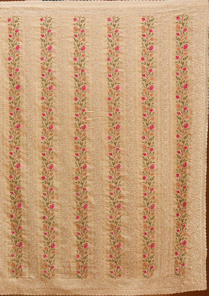 Beige Cotton Threadwork Saree With Matching Blouse Piece