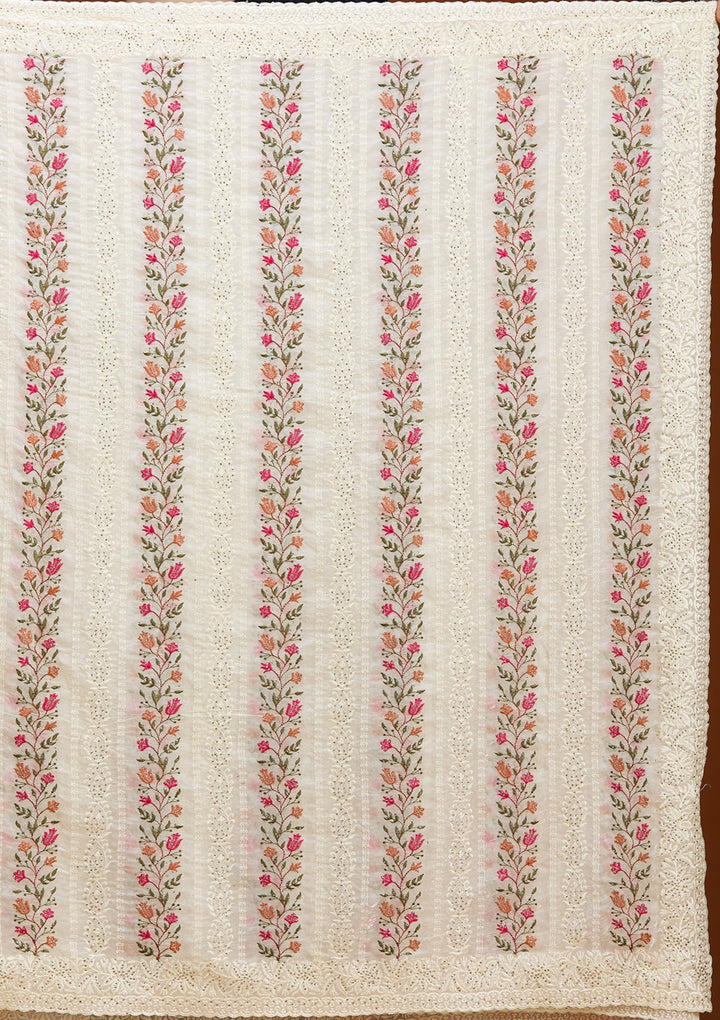 Off White Cotton Threadwork Saree With Matching Blouse Piece