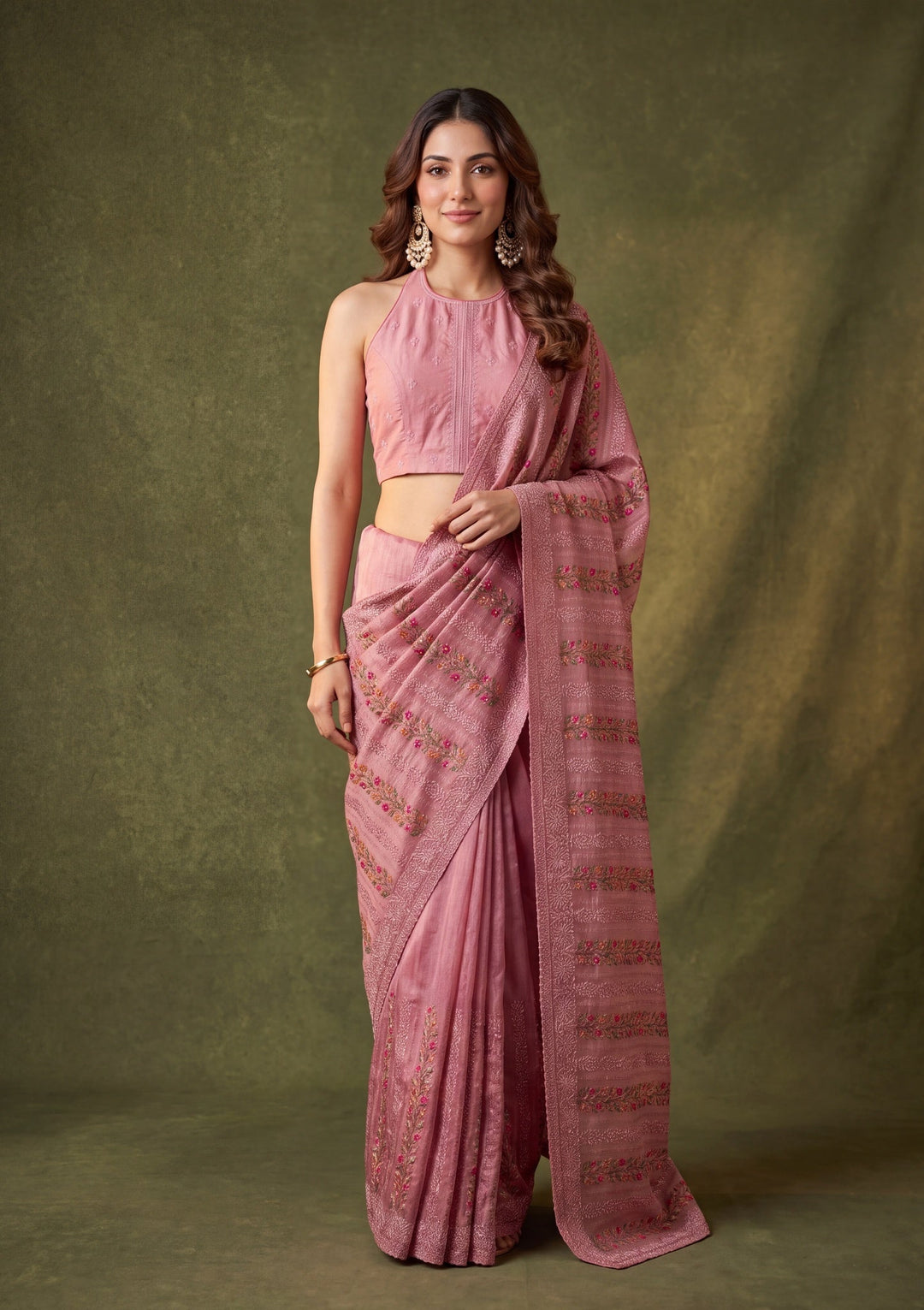 Onion Pink Cotton Threadwork Saree With Matching Blouse Piece