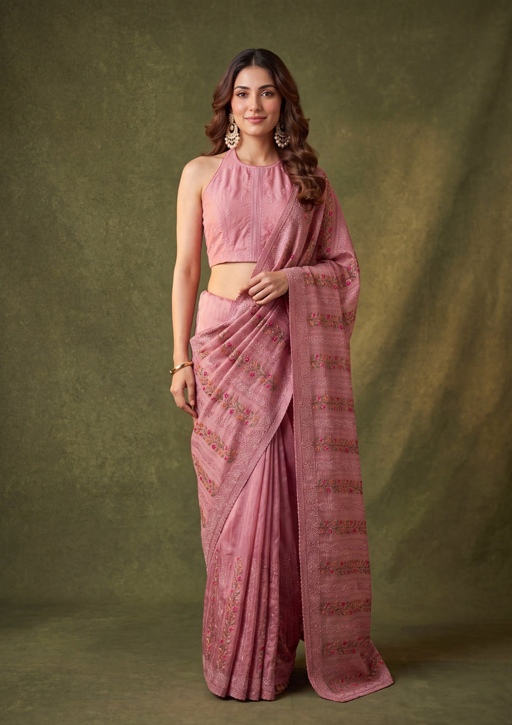 Onion Pink Cotton Threadwork Saree With Matching Blouse Piece