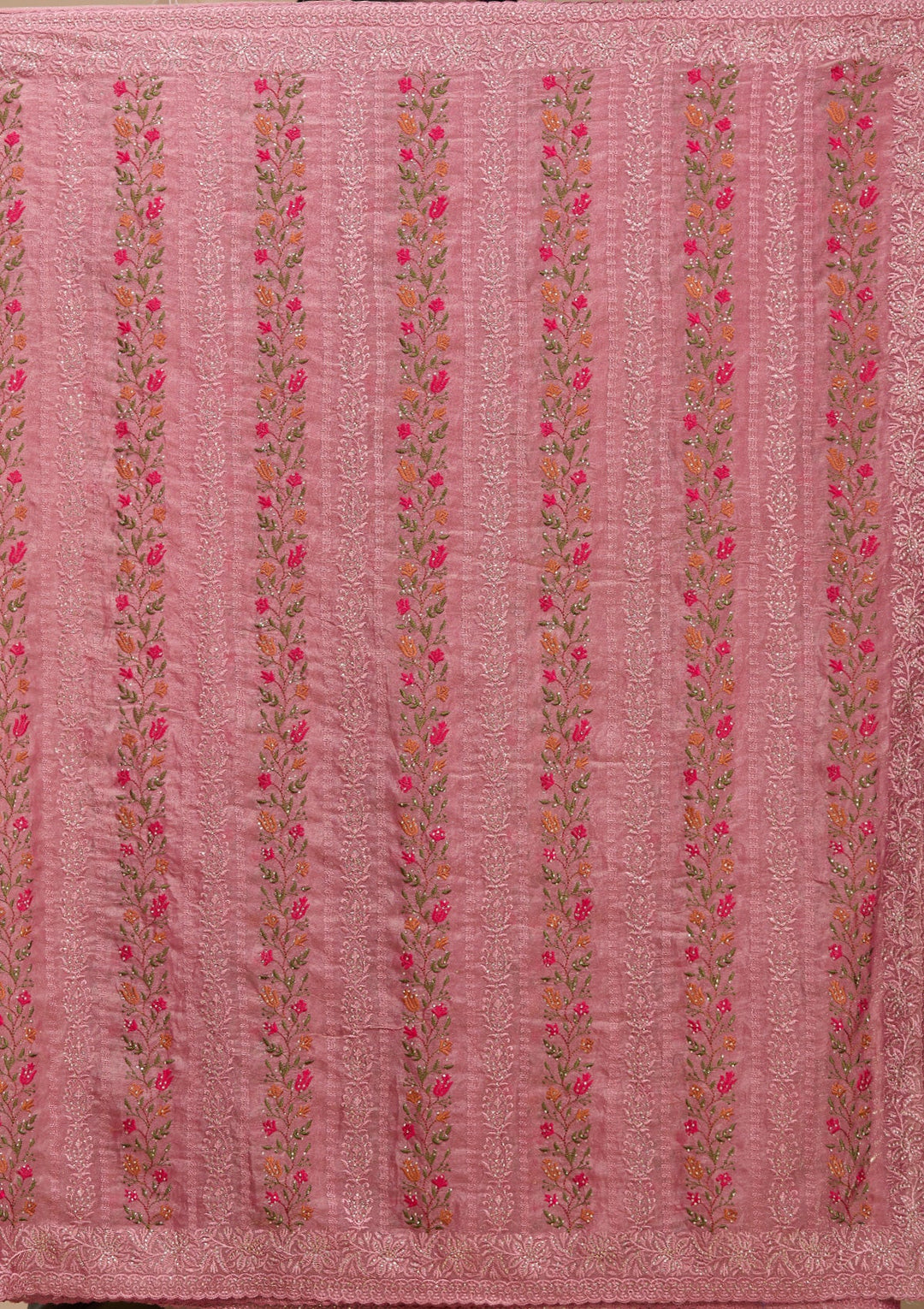 Onion Pink Cotton Threadwork Saree With Matching Blouse Piece