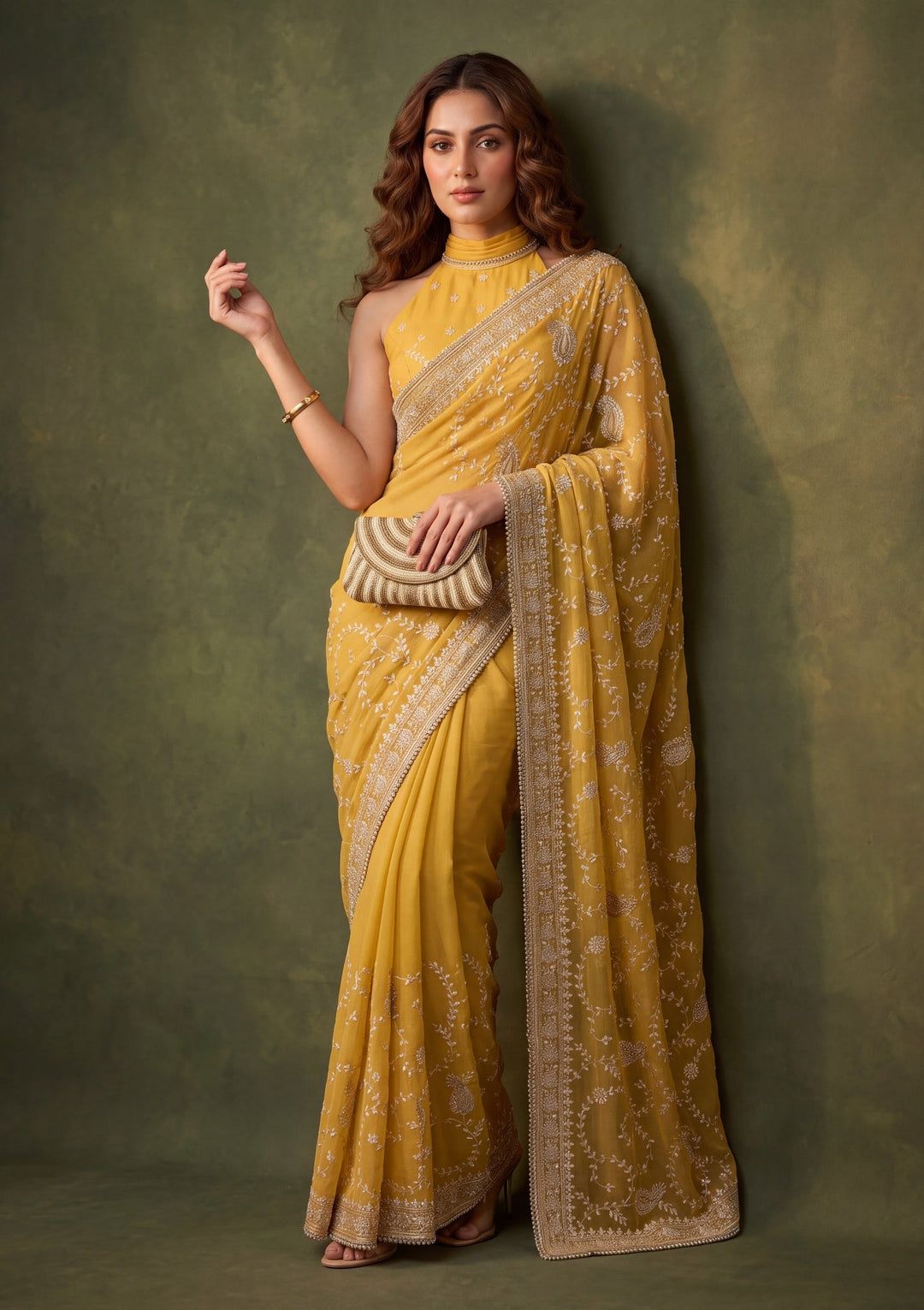 Mustard Yellow Tissue Gold Zariwork Saree With Matching Blouse Piece