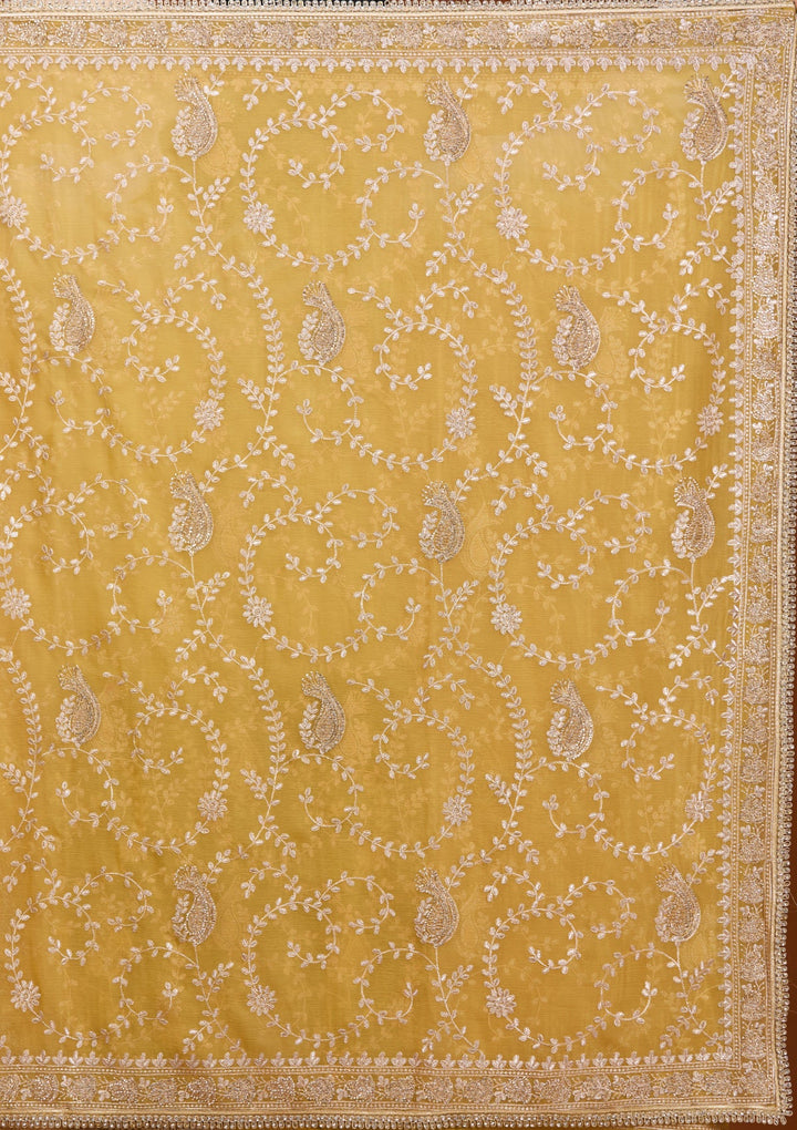 Mustard Yellow Tissue Gold Zariwork Saree With Matching Blouse Piece