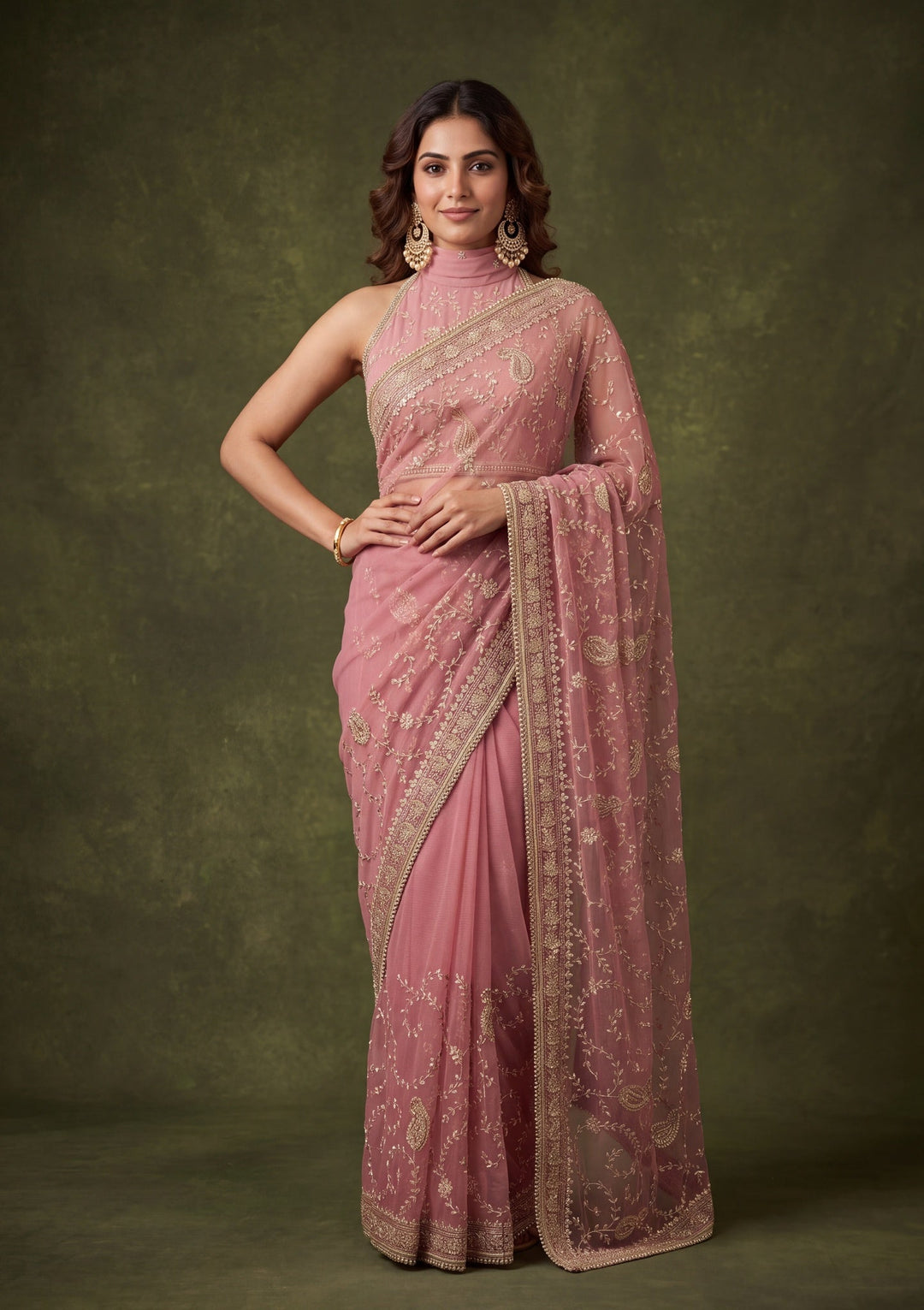 Onion Pink Tissue Gold Zariwork Saree With Matching Blouse Piece