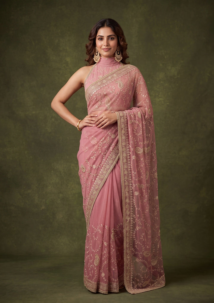 Onion Pink Tissue Gold Zariwork Saree With Matching Blouse Piece