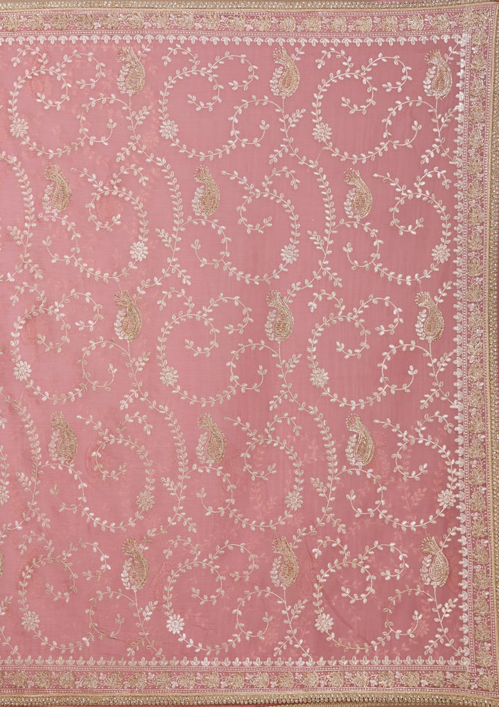 Onion Pink Tissue Gold Zariwork Saree With Matching Blouse Piece