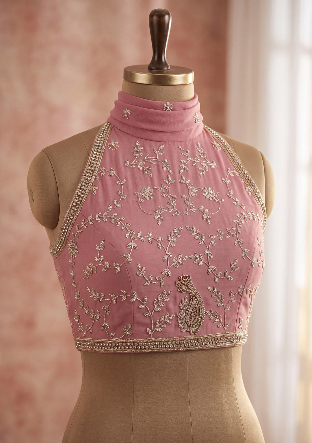 Onion Pink Tissue Gold Zariwork Saree With Matching Blouse Piece