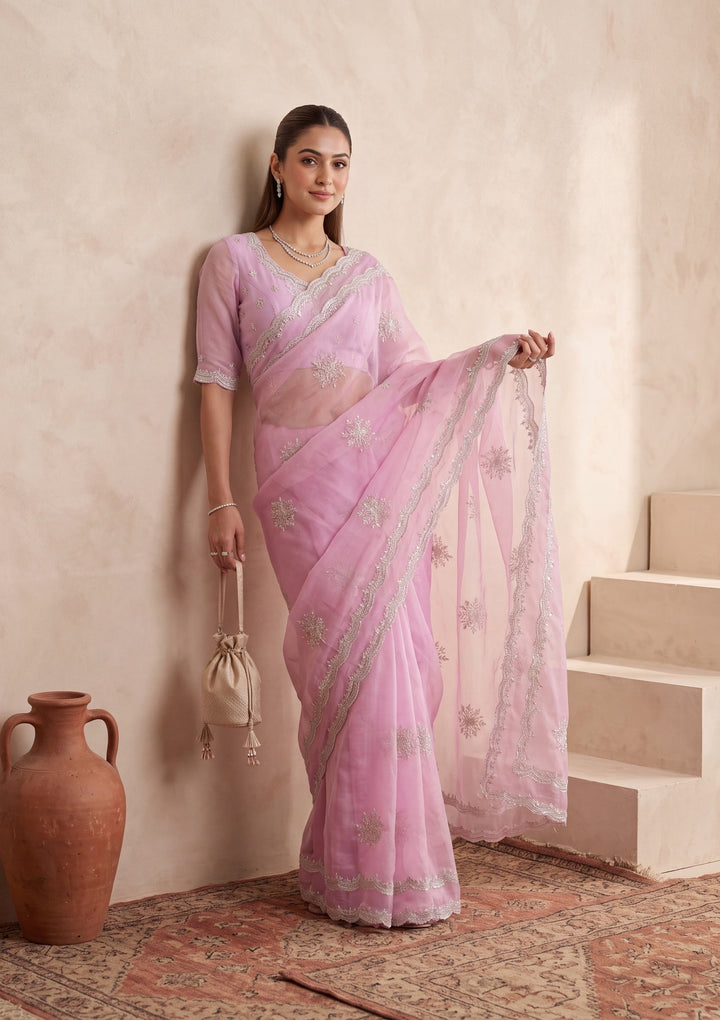 Baby Pink Zariwork (Gold) Georgette Saree With Matching Blouse Piece