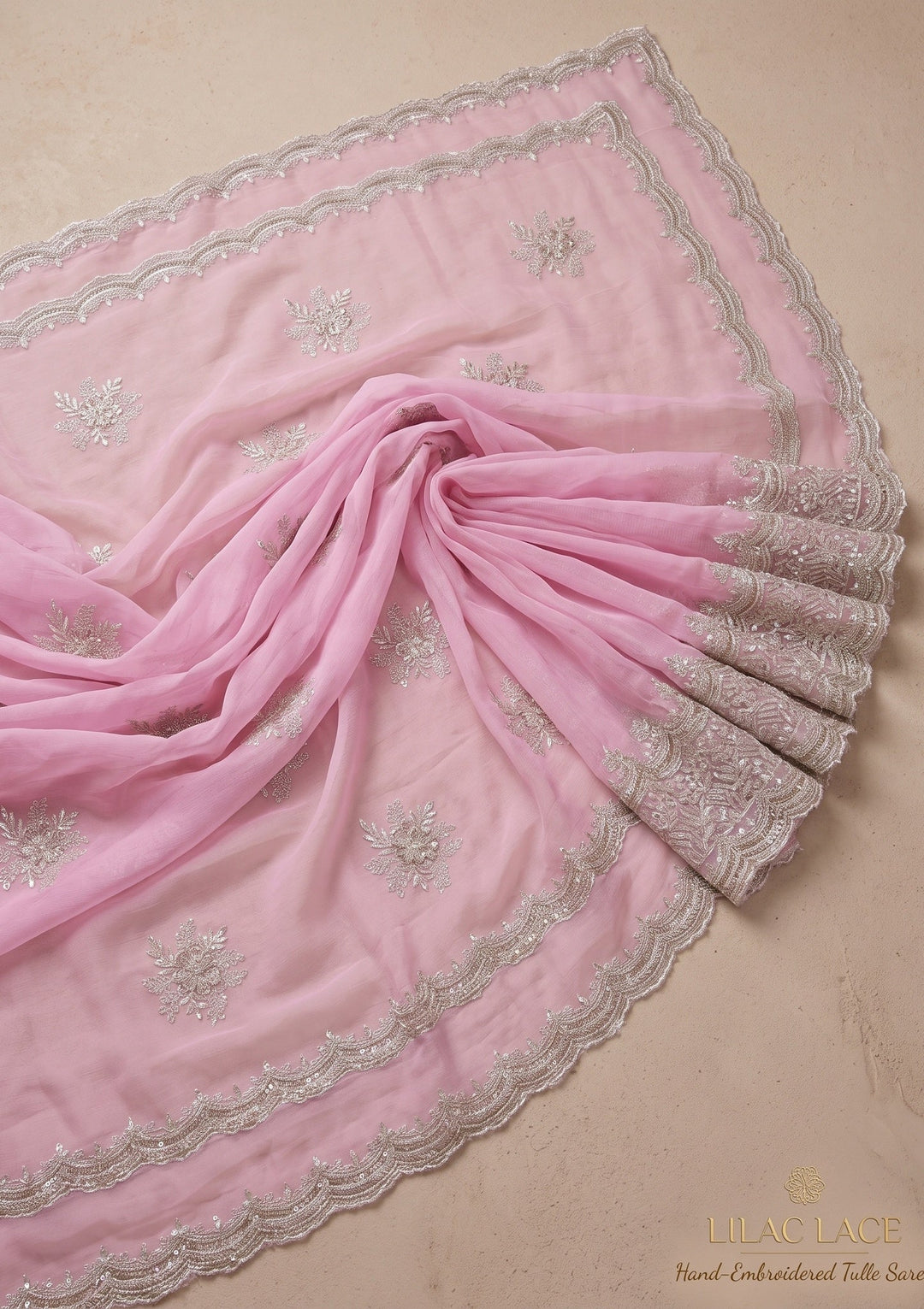 Baby Pink Zariwork (Gold) Georgette Saree With Matching Blouse Piece
