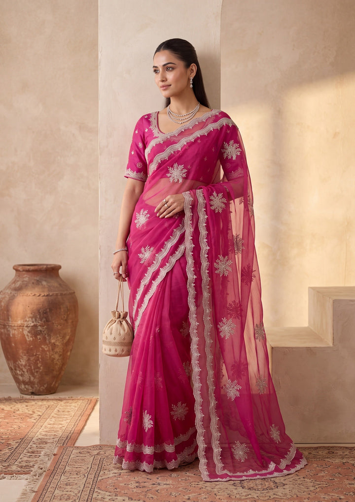 Magenta Pink Georgette Threadwork Saree With Matching Blouse Piece