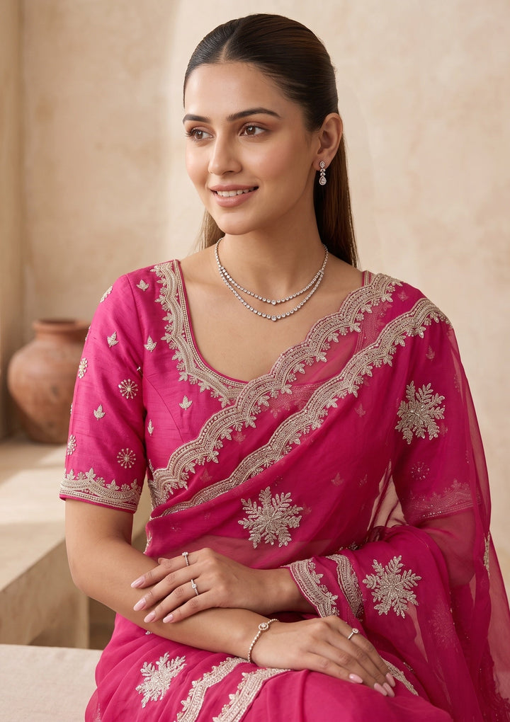 Magenta Pink Georgette Threadwork Saree With Matching Blouse Piece