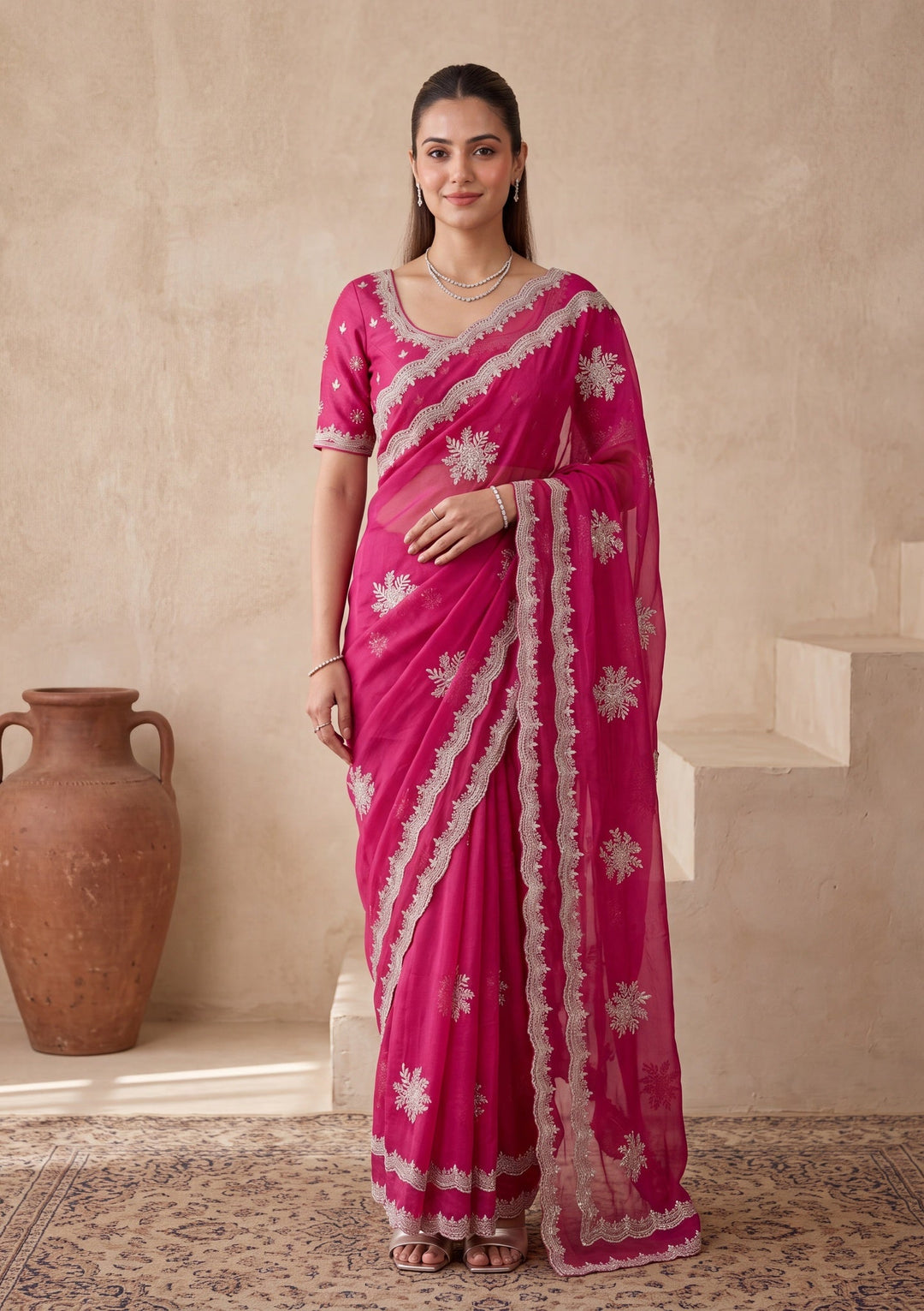 Magenta Pink Georgette Threadwork Saree With Matching Blouse Piece
