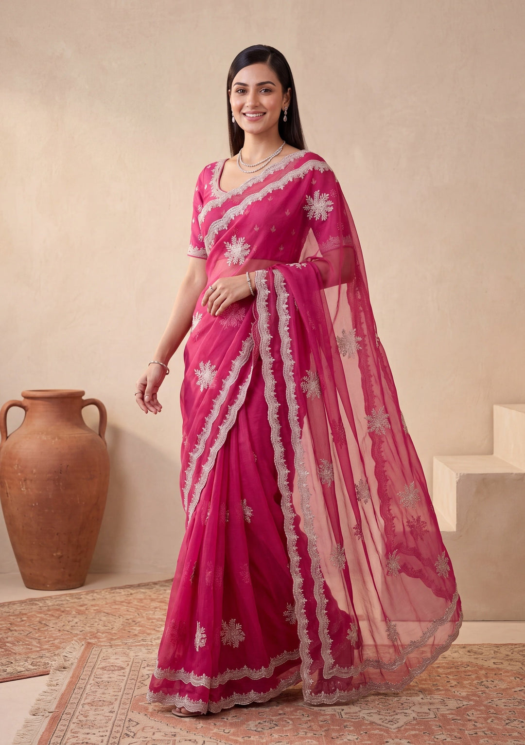 Magenta Pink Georgette Threadwork Saree With Matching Blouse Piece