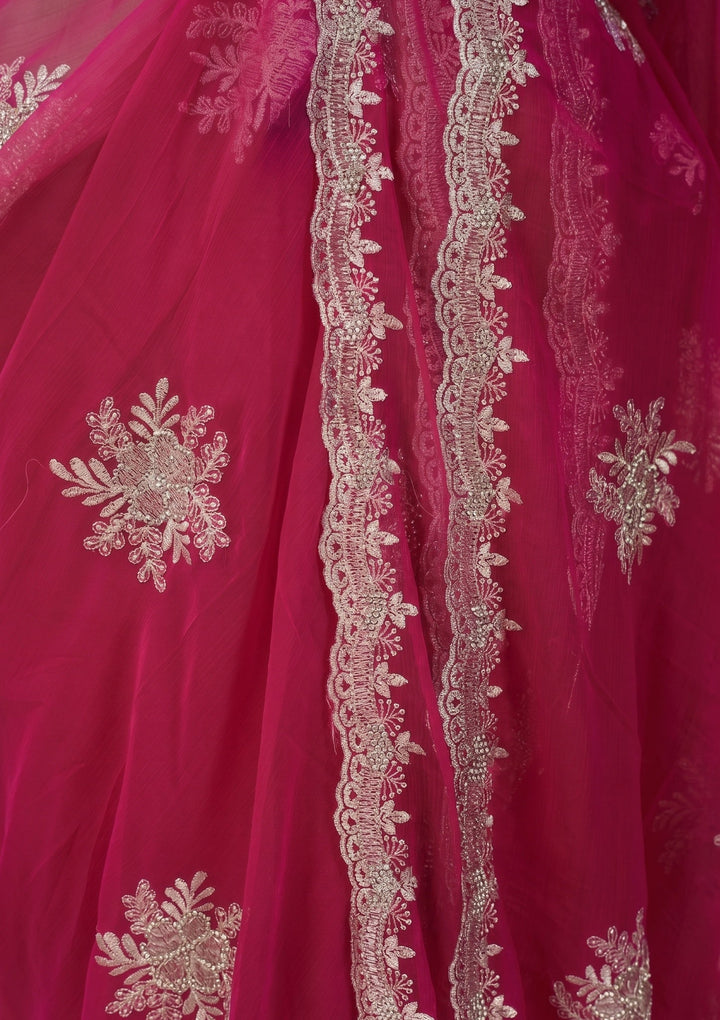 Magenta Pink Georgette Threadwork Saree With Matching Blouse Piece