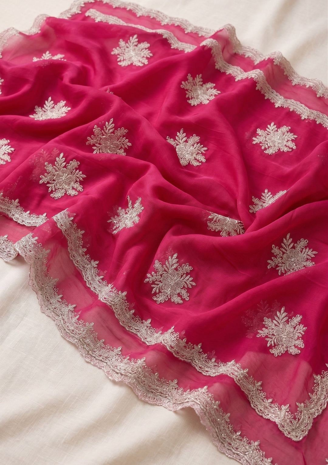 Magenta Pink Georgette Threadwork Saree With Matching Blouse Piece