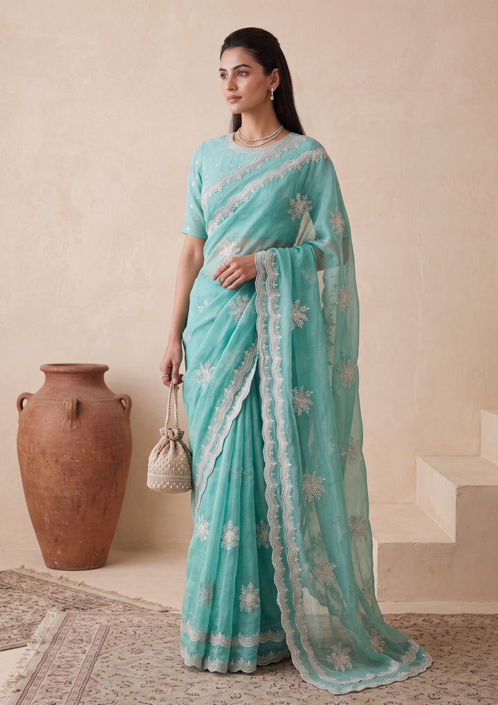 Sea Green Georgette Threadwork Saree With Matching Blouse Piece