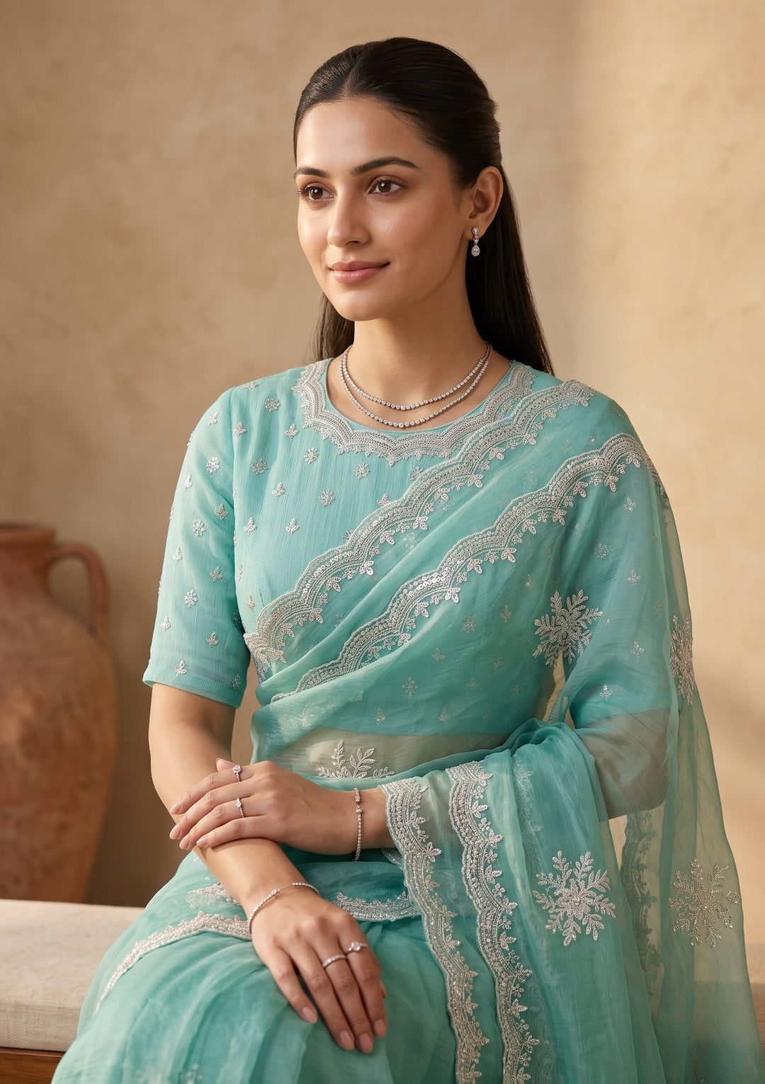 Sea Green Georgette Threadwork Saree With Matching Blouse Piece