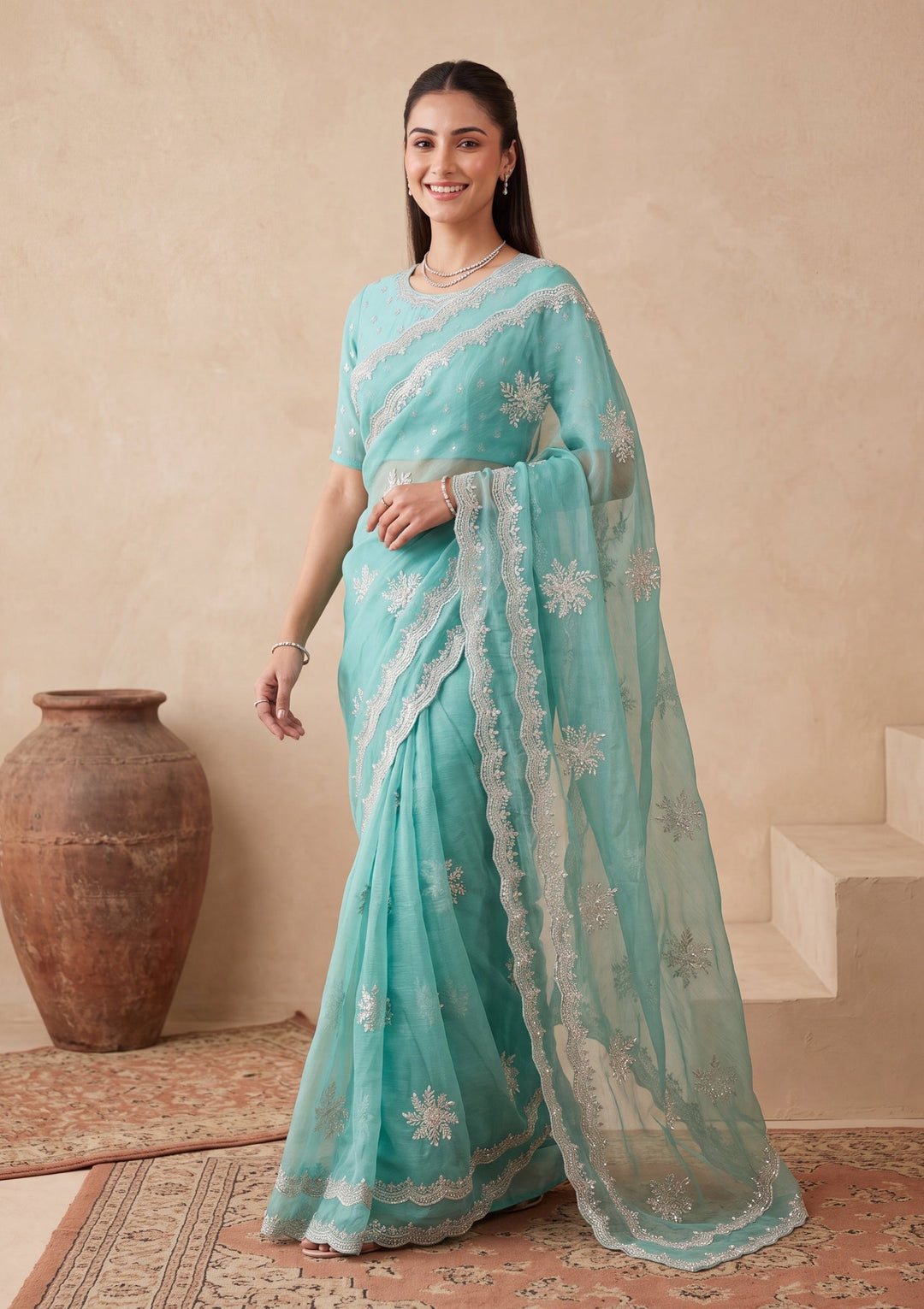 Sea Green Georgette Threadwork Saree With Matching Blouse Piece