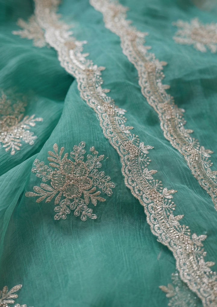 Sea Green Georgette Threadwork Saree With Matching Blouse Piece