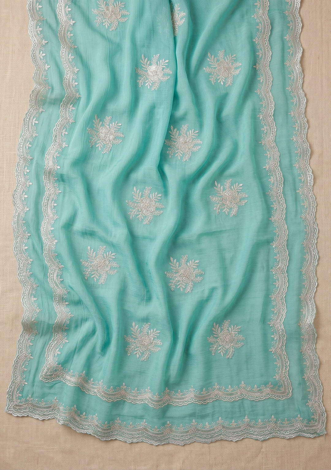 Sea Green Georgette Threadwork Saree With Matching Blouse Piece