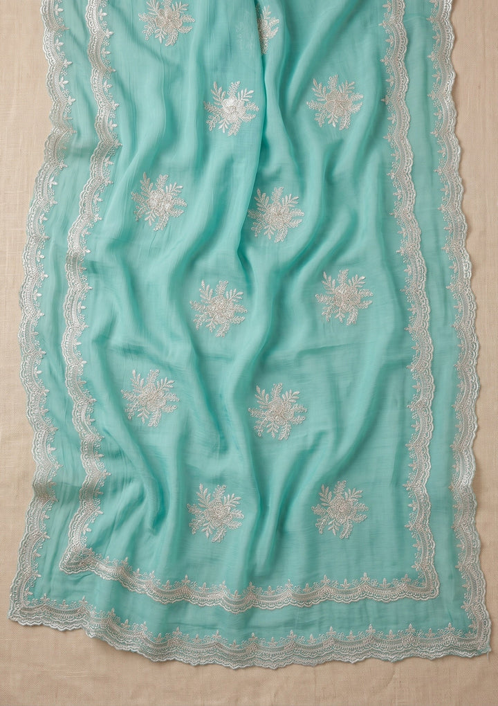 Sea Green Georgette Threadwork Saree With Matching Blouse Piece