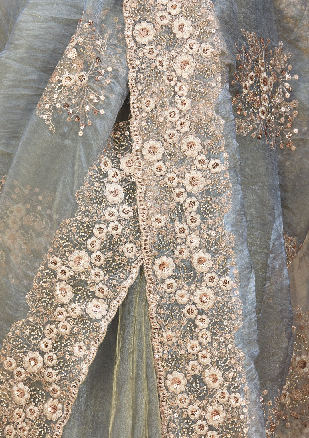 Light Grey Tissue  Threadwork Saree With Matching Blouse Piece