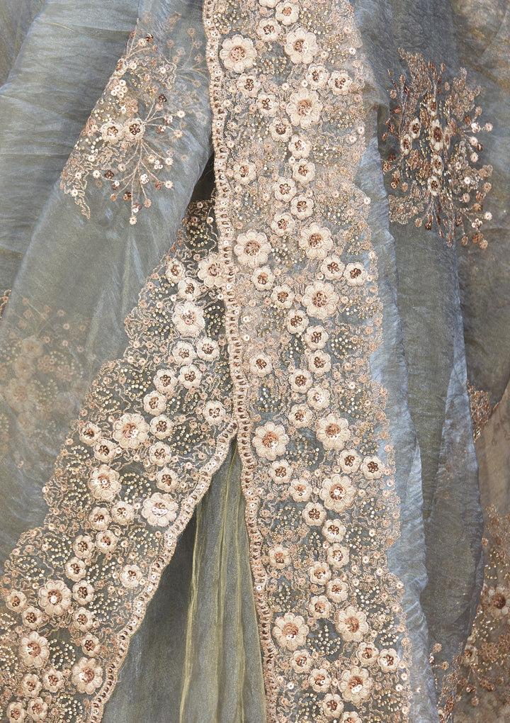 Light Grey Tissue  Threadwork Saree With Matching Blouse Piece