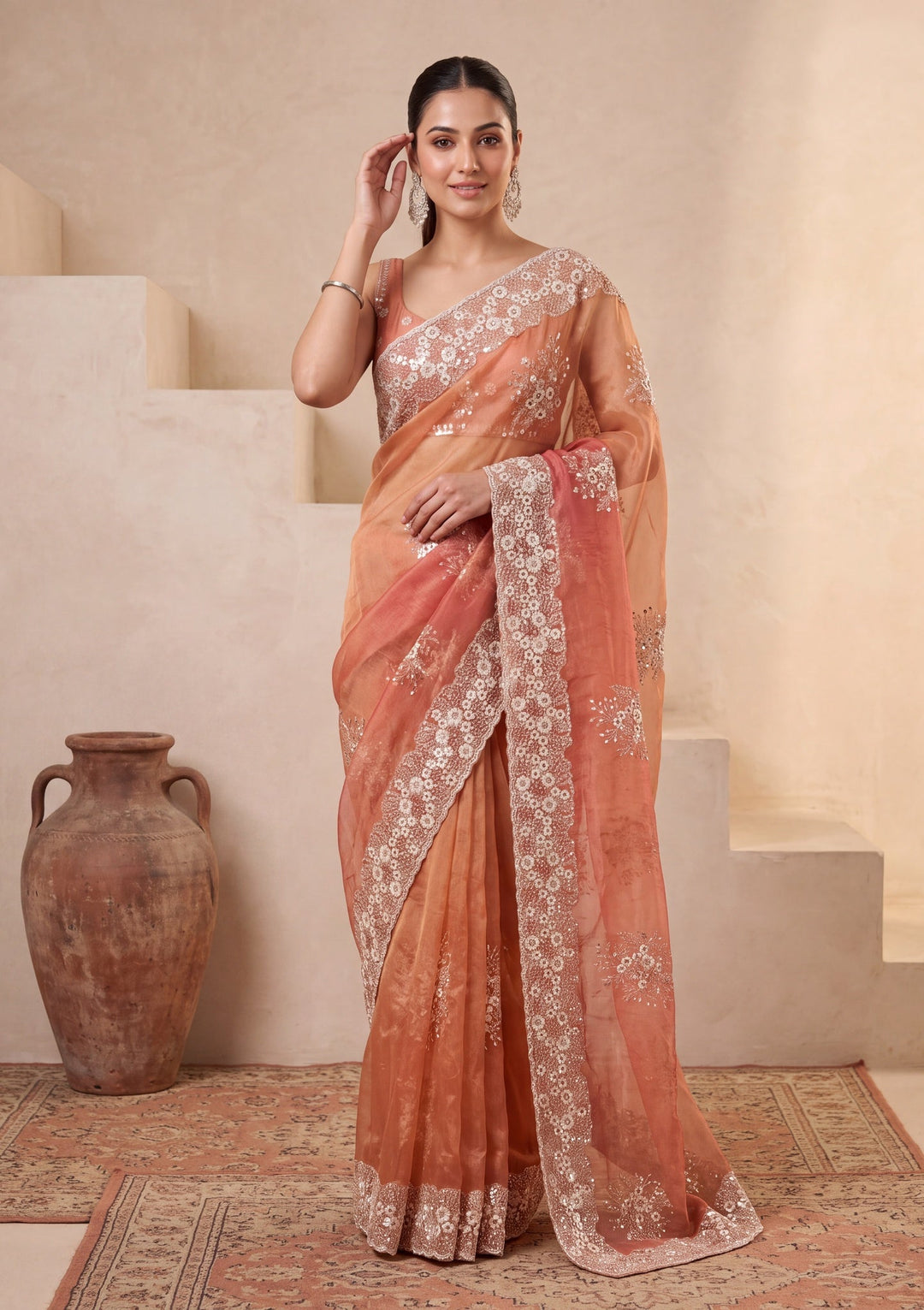 Rust Tissue  Threadwork Saree With Matching Blouse Piece