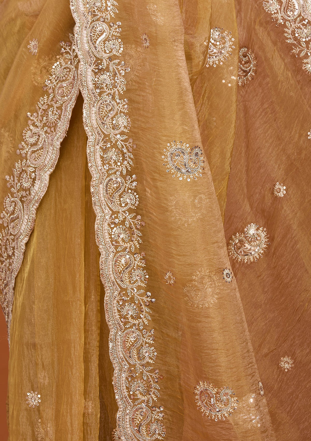 Gold Tissue Threadwork Saree With Matching Blouse Piece