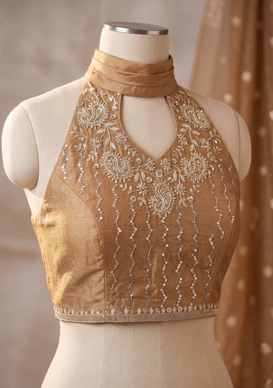 Gold Tissue Threadwork Saree With Matching Blouse Piece