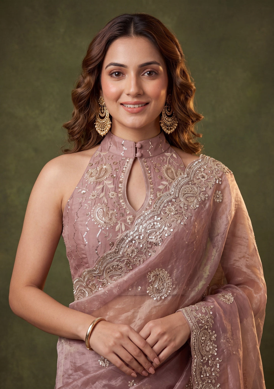 Onion Pink Tissue Threadwork Saree With Matching Blouse Piece