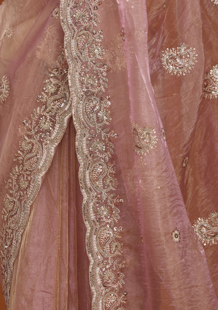 Onion Pink Tissue Threadwork Saree With Matching Blouse Piece