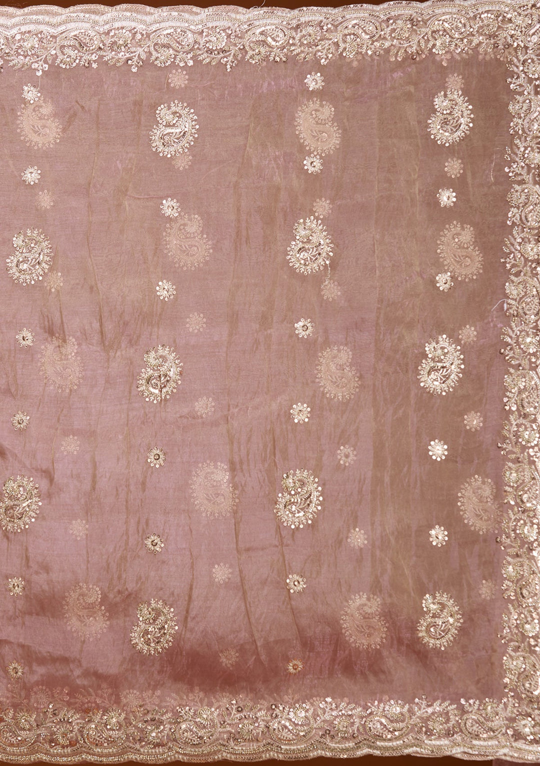 Onion Pink Tissue Threadwork Saree With Matching Blouse Piece