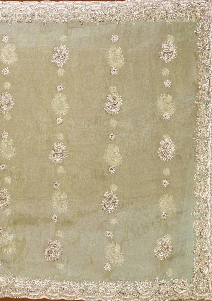 Sea Green Tissue Threadwork Saree With Matching Blouse Piece