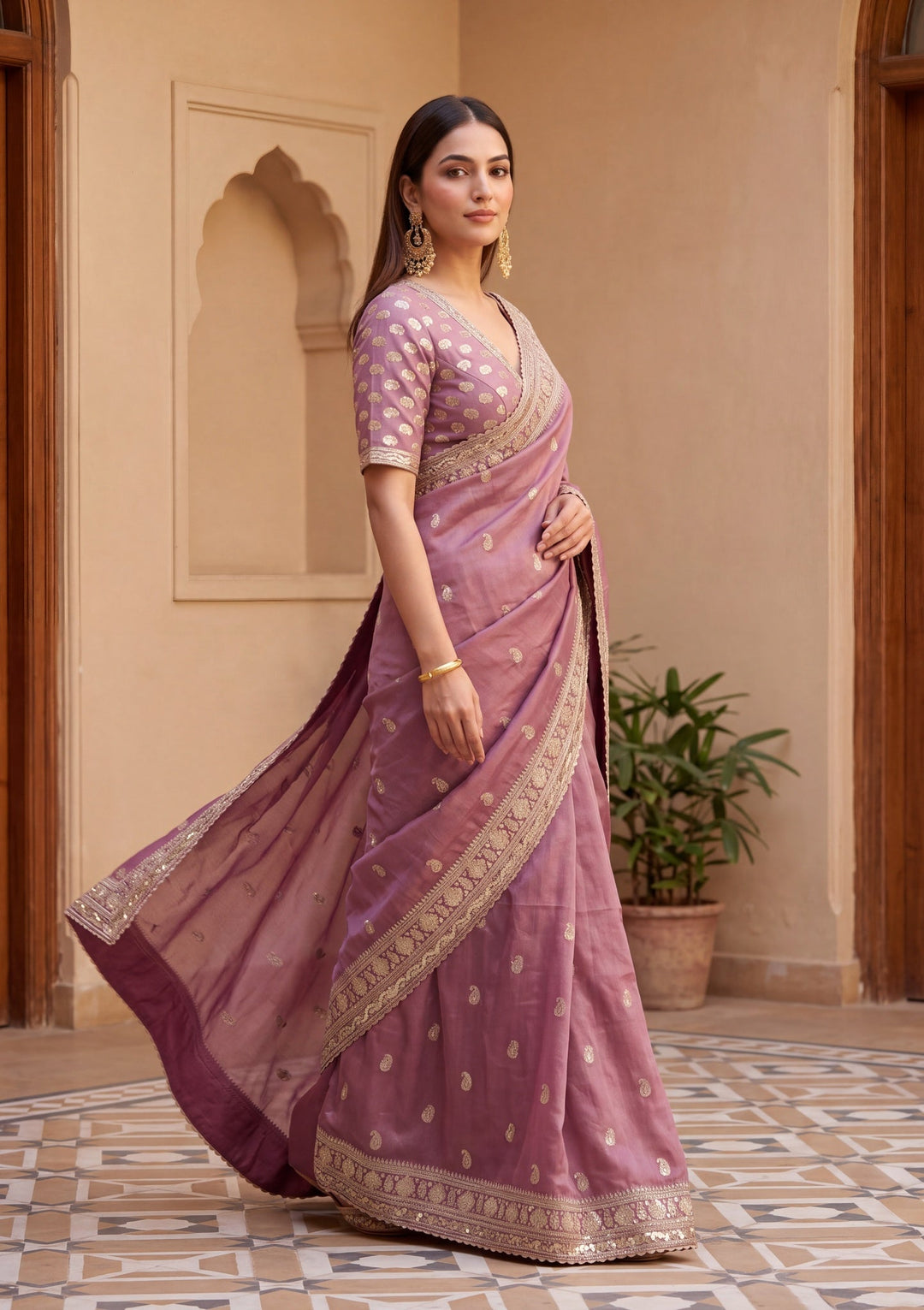 Dark Lavender Tissue Sequins Saree With Matching Blouse Piece