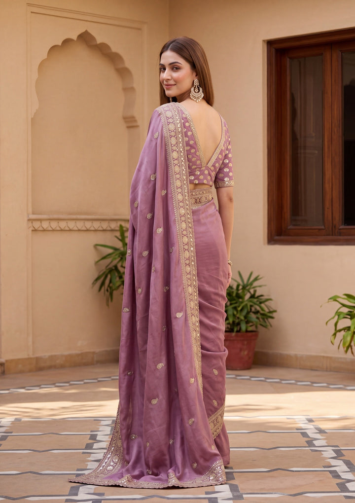 Dark Lavender Tissue Sequins Saree With Matching Blouse Piece